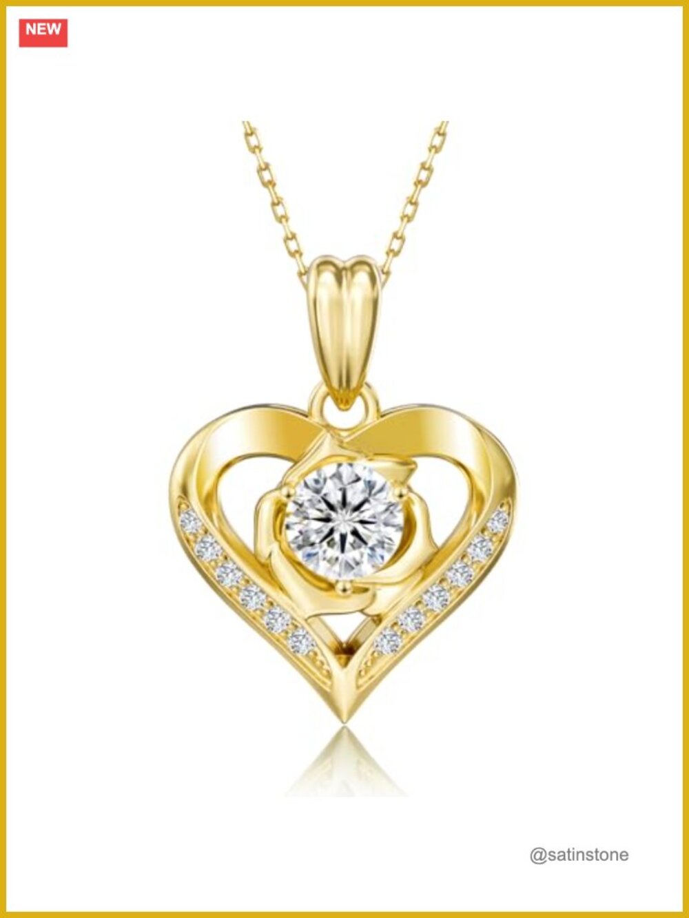 Moissanite Heart Necklace 925 Sterling Silver 14K Gold Plated 18in Adjustable